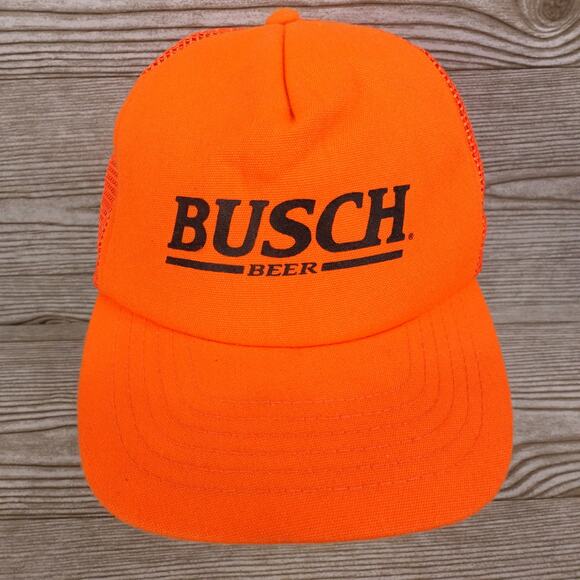VINTAGE BUSCH BEER LOGO NEON ORANGE USA MADE SNAPBACK TRUCKER HAT CAP - Picture 1 of 9